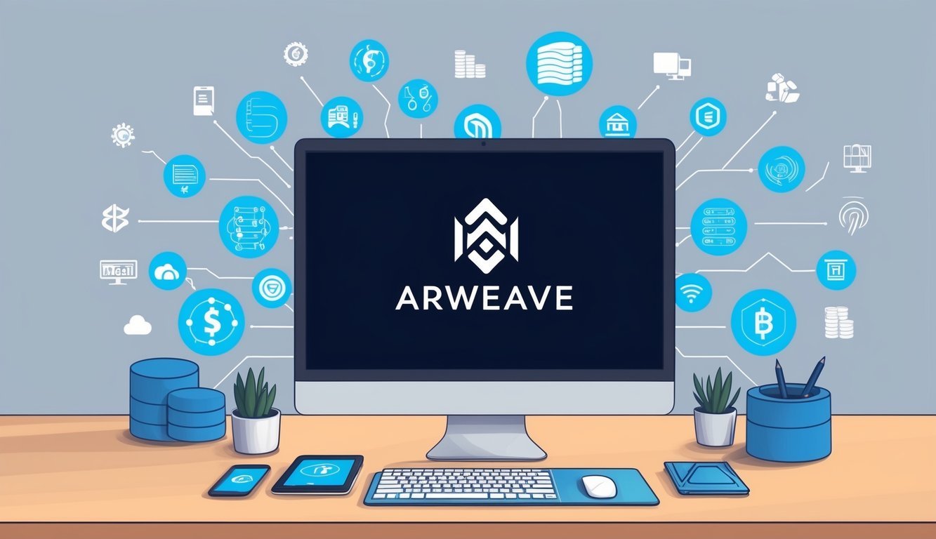 A computer screen displaying the Arweave logo surrounded by various icons and symbols representing digital data storage and blockchain technology