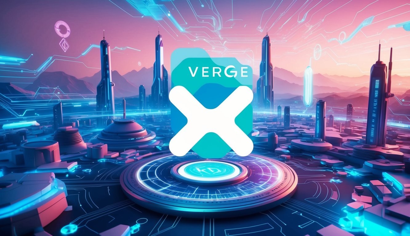 A vibrant digital landscape with Verge (XVG) logo floating in the center, surrounded by futuristic technology and a sense of connectivity