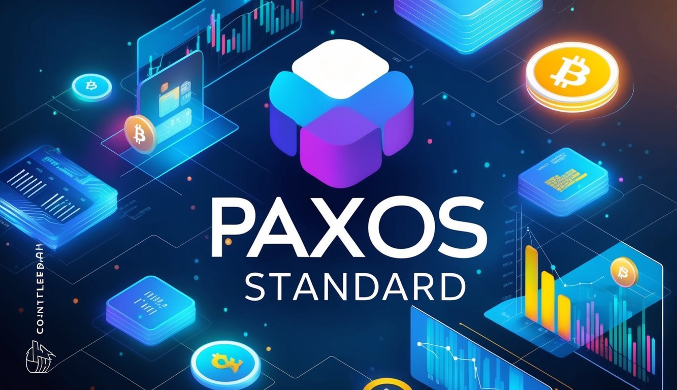 A digital representation of the Paxos Standard (PAX) logo surrounded by blockchain technology symbols and financial charts