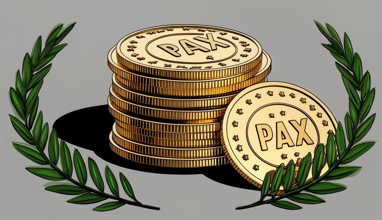 A stack of gold coins with the letters "PAX" on them, surrounded by a laurel wreath