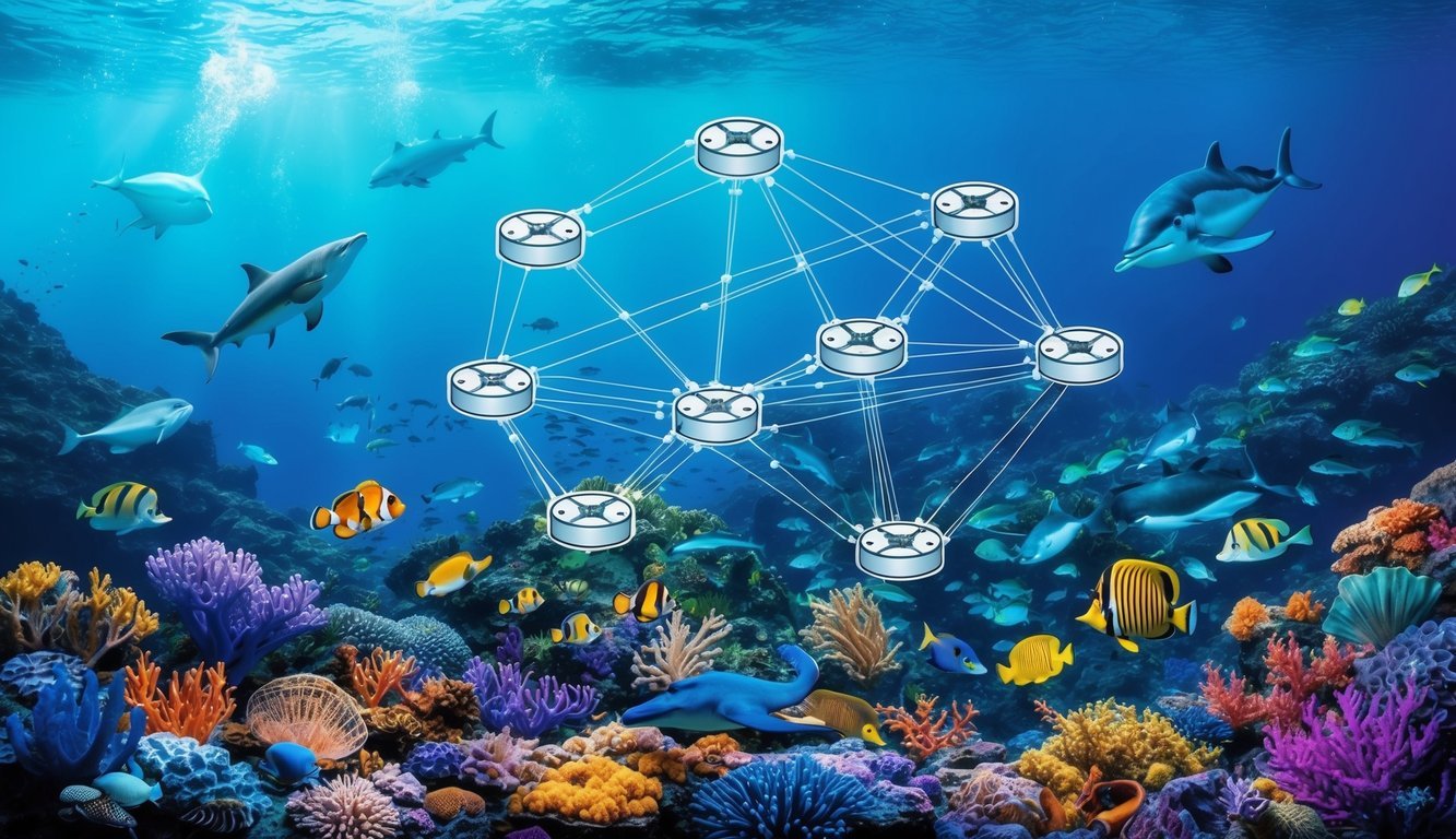 A vibrant underwater world with diverse marine life and a network of interconnected data nodes representing Ocean Protocol (OCEAN)