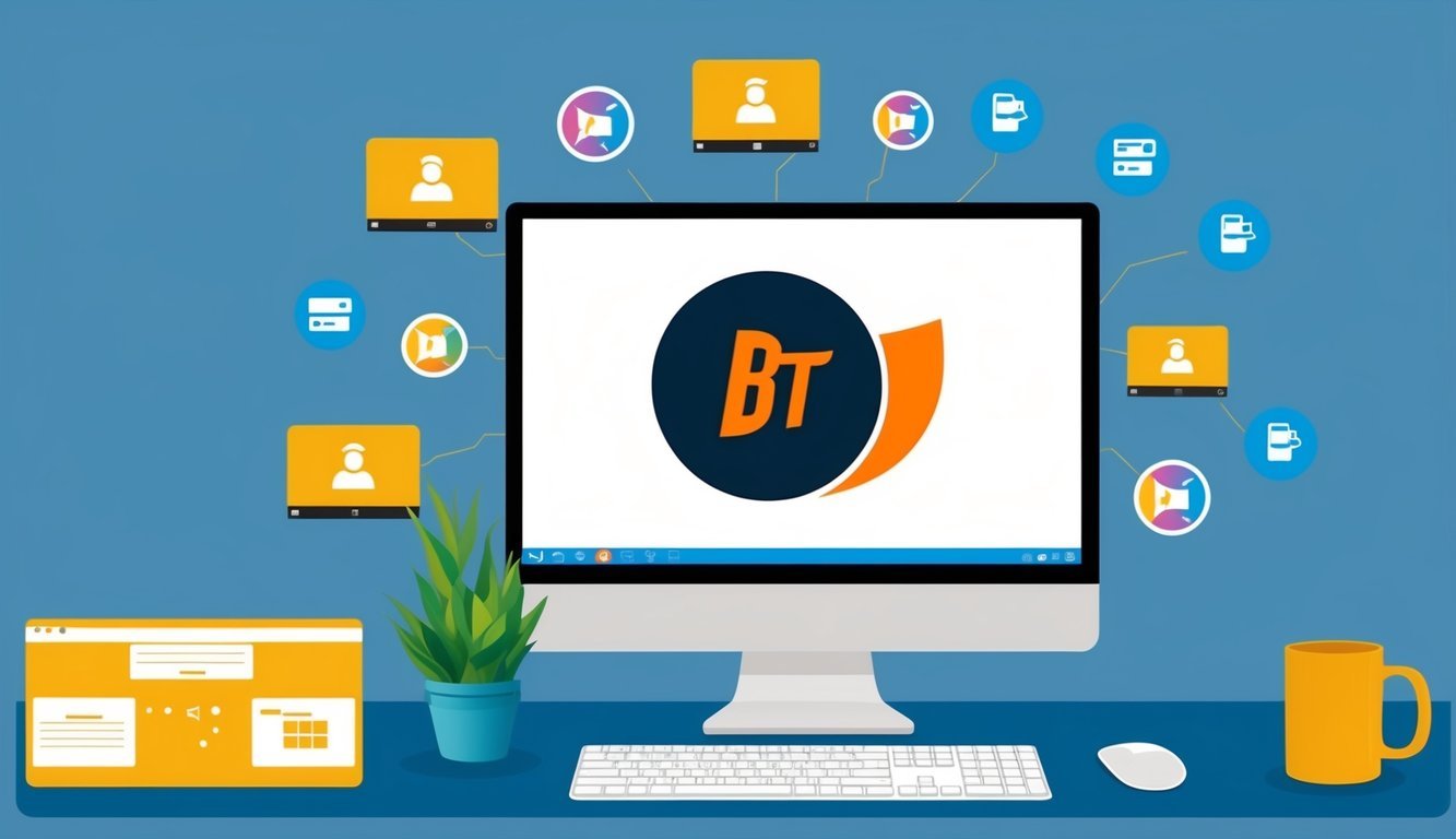 A computer screen displaying the BitTorrent (BTT) logo surrounded by various icons representing file sharing and downloading