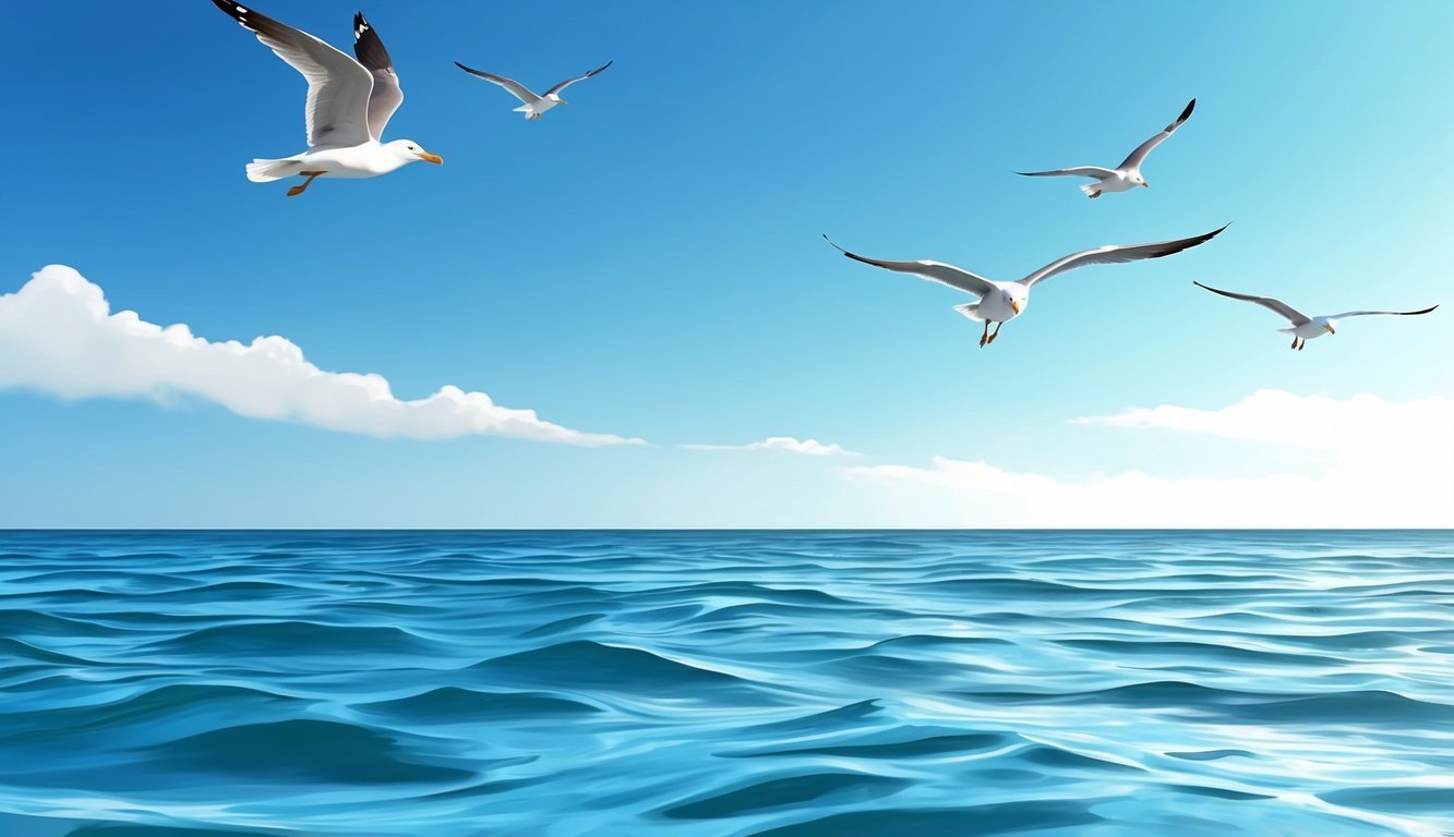 A serene ocean with a clear blue sky, a gentle breeze, and a few seagulls flying overhead