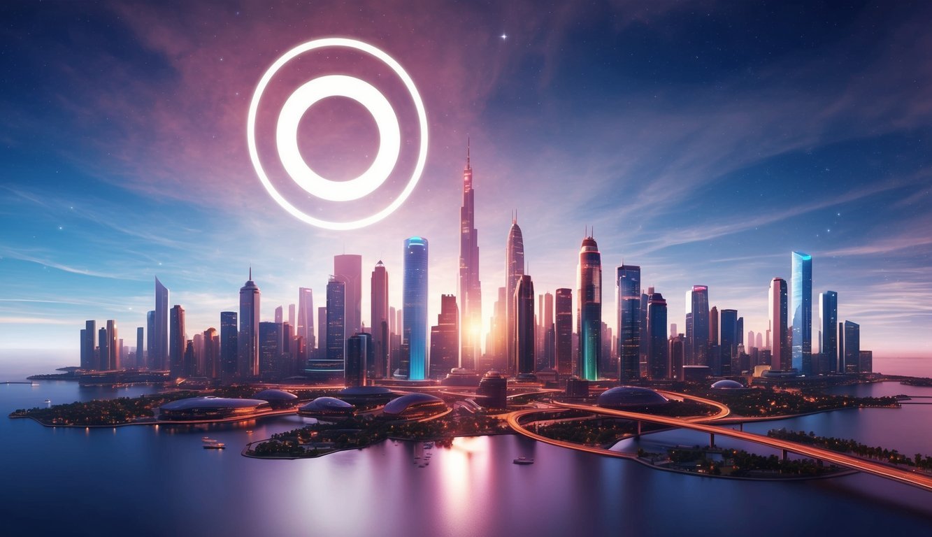 A futuristic city skyline with Loopring logo projected in the sky