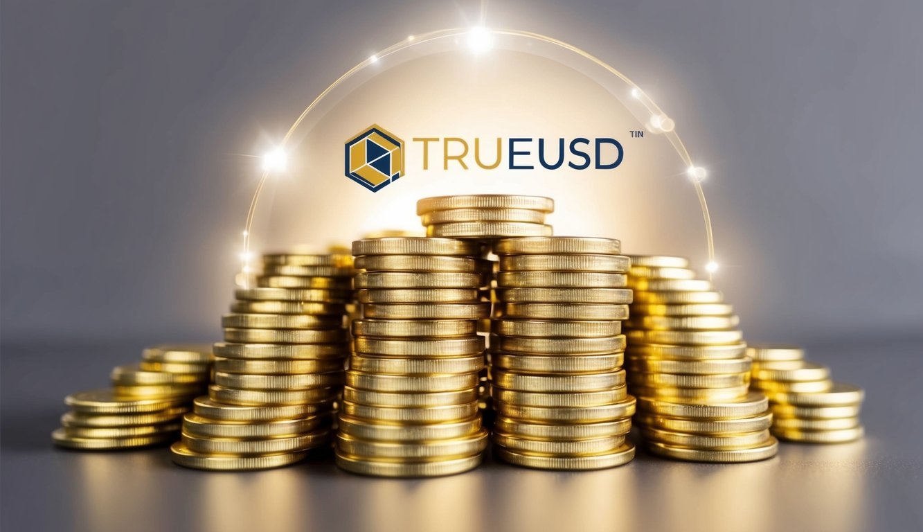 A stack of gold coins with the TrueUSD logo on top, surrounded by a shining halo of light