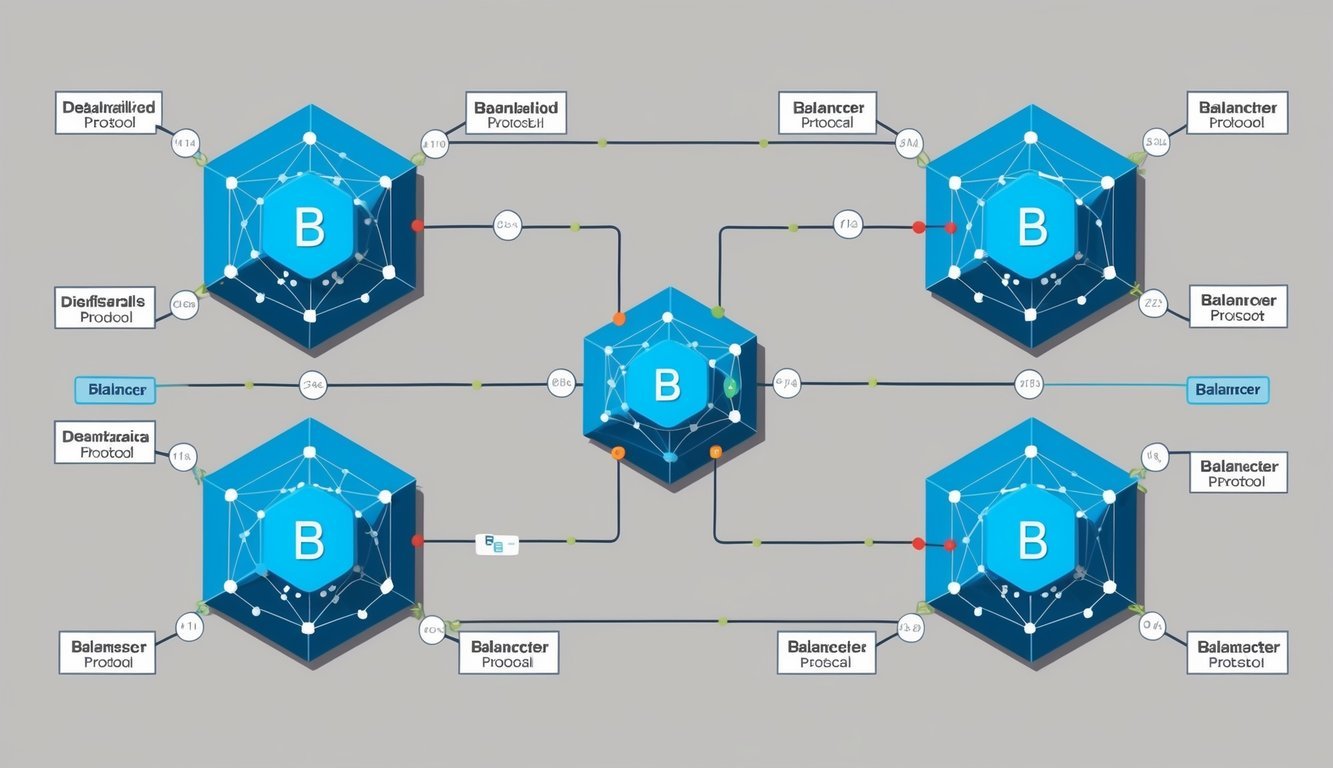 A series of interconnected nodes forming a decentralized network, with each node representing a different aspect of the Balancer protocol