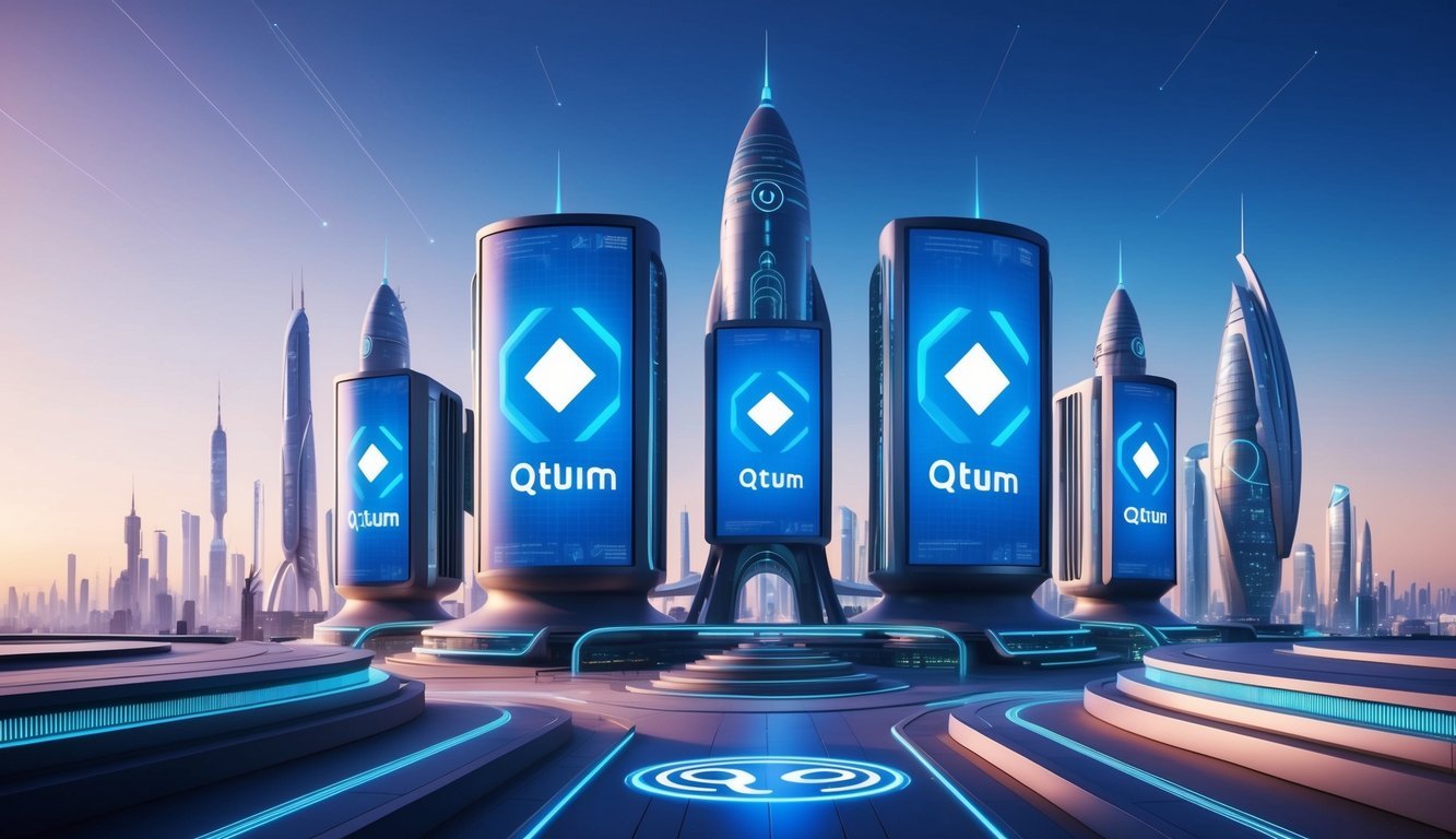 A futuristic cityscape with digital billboards displaying the Qtum (QTUM) logo and symbols, surrounded by advanced technology and sleek architecture