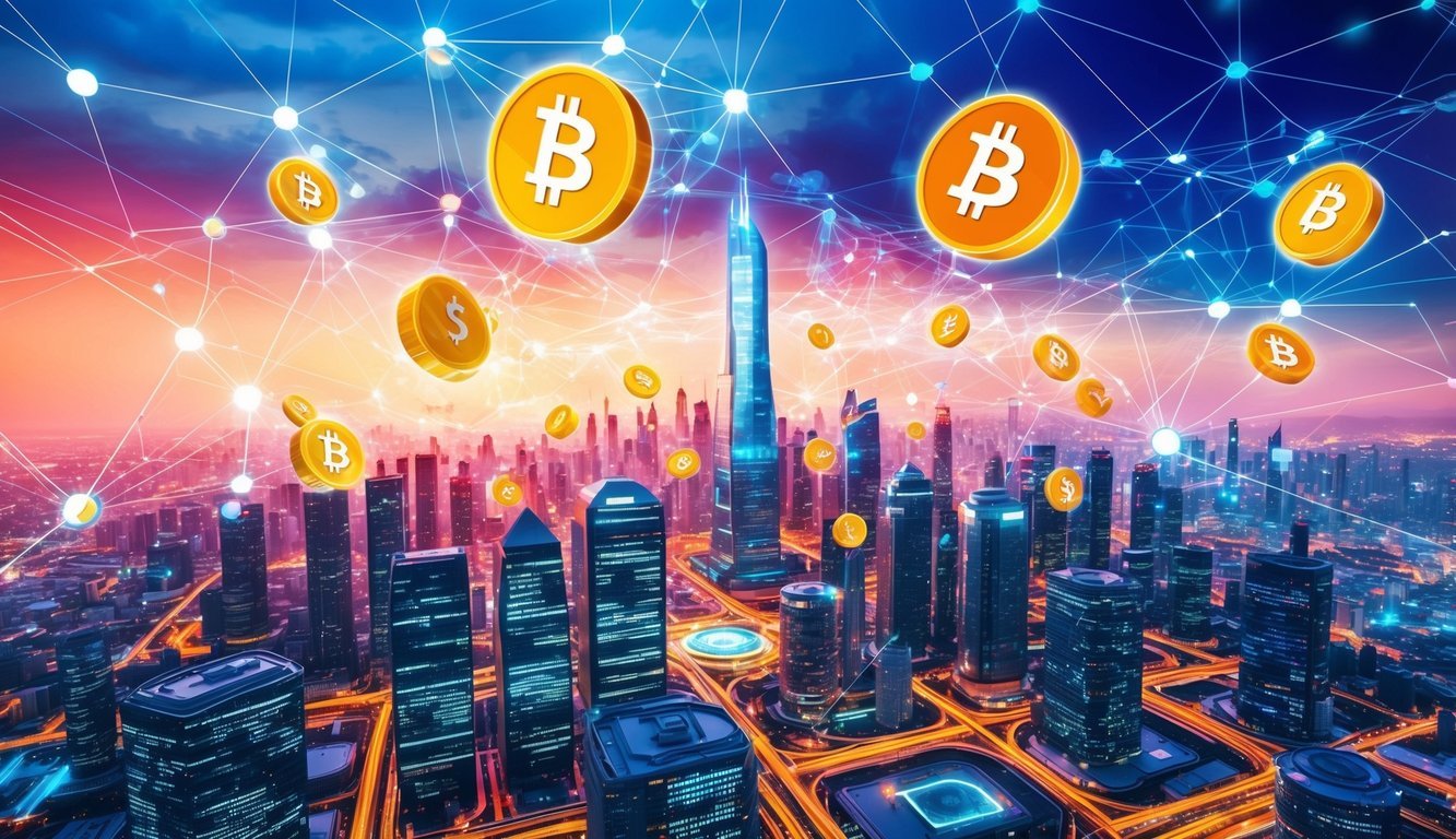 A vibrant, futuristic cityscape with digital currency symbols floating in the air, surrounded by a network of interconnected nodes and data streams