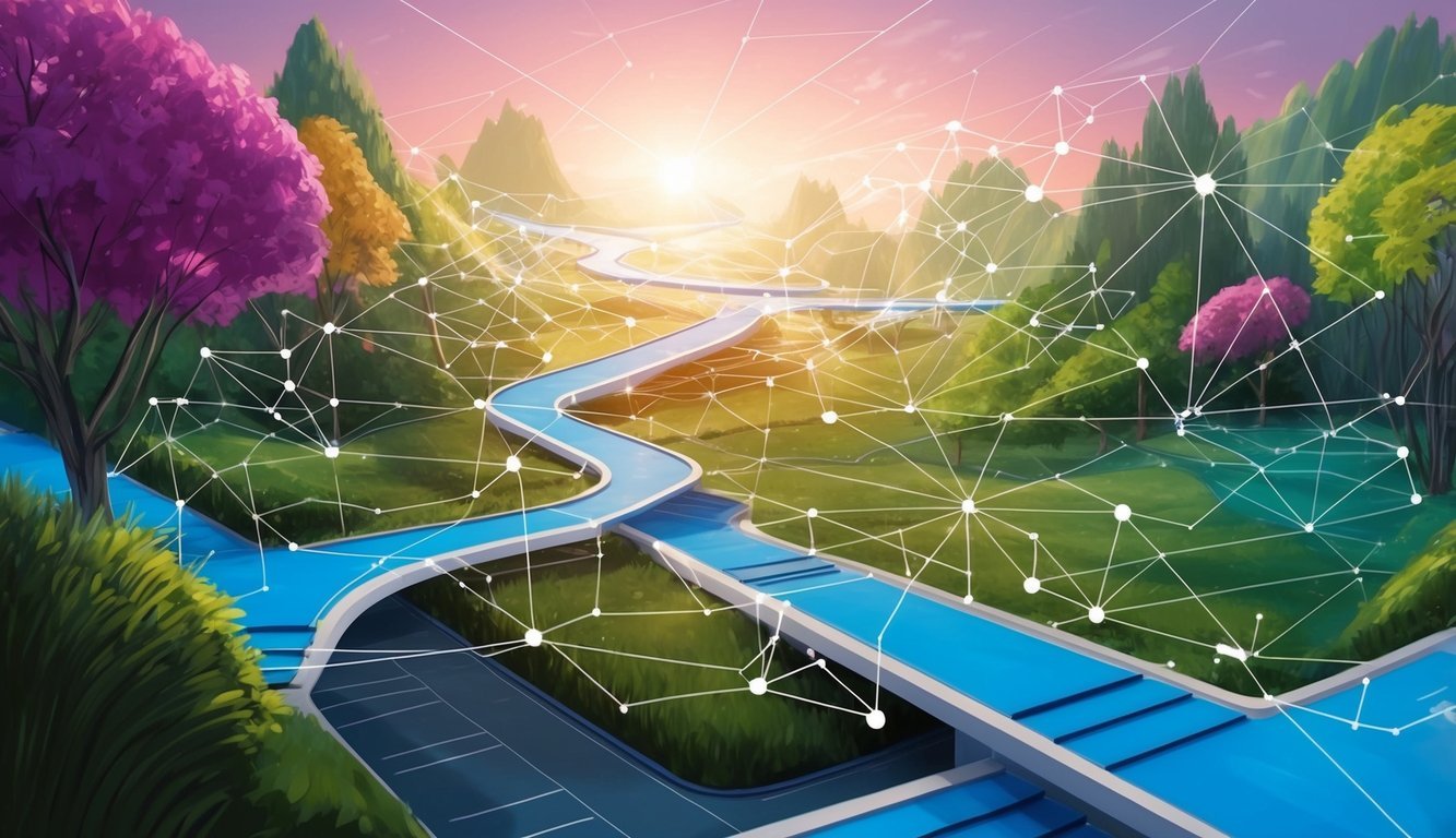 A vibrant ecosystem with interconnected nodes and pathways, representing the decentralized and balanced nature of the Balancer (BAL) platform