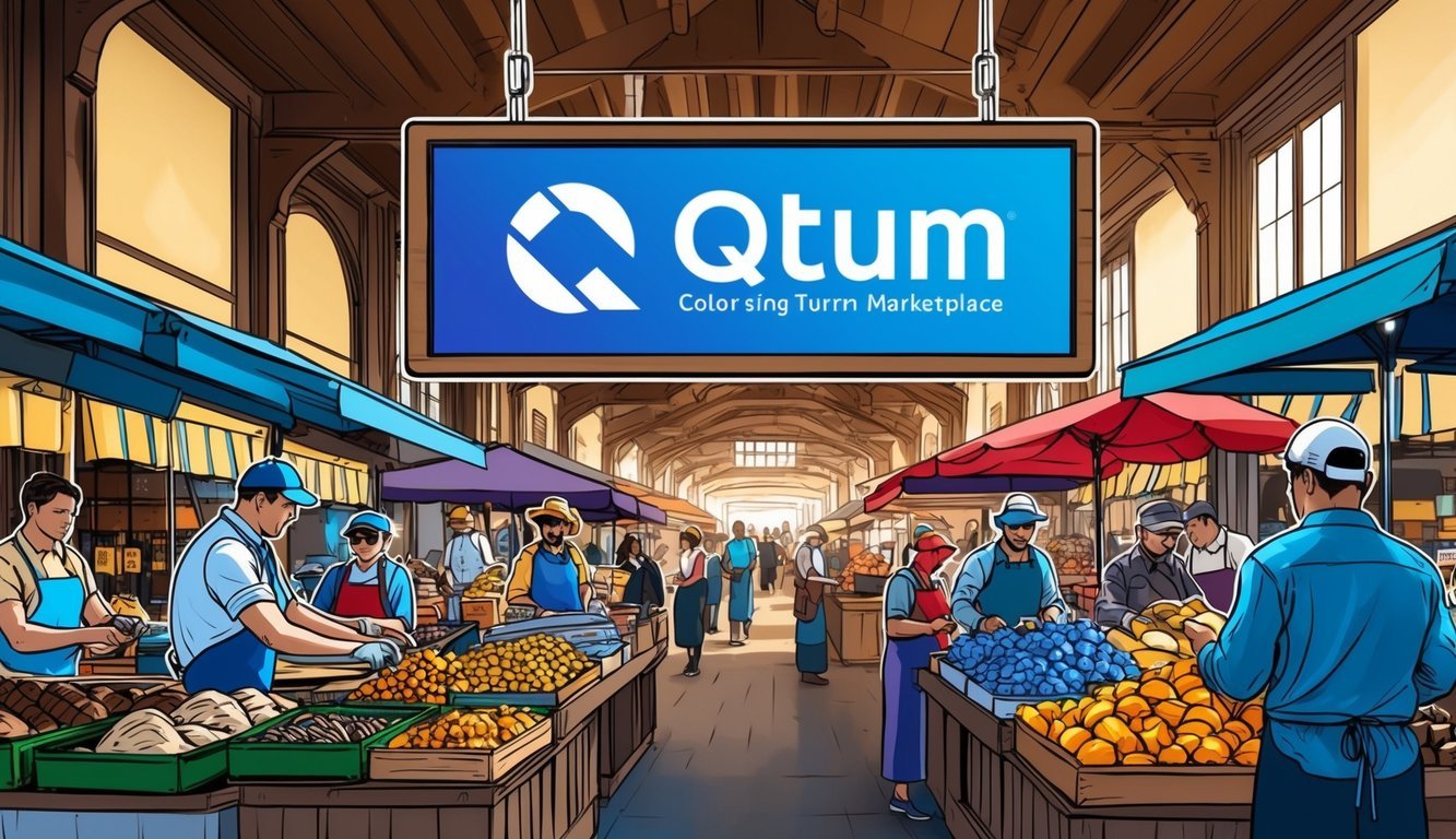 A bustling marketplace with various vendors selling goods, with a prominent sign displaying the Qtum logo and information