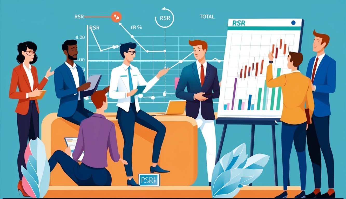 A group of people discussing Reserve Rights (RSR) while looking at a chart and analyzing market data