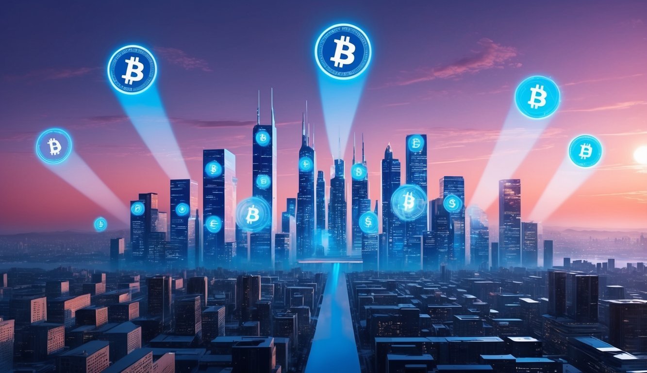 A futuristic city skyline with DigiByte logos projected onto buildings, while digital currency symbols float in the air