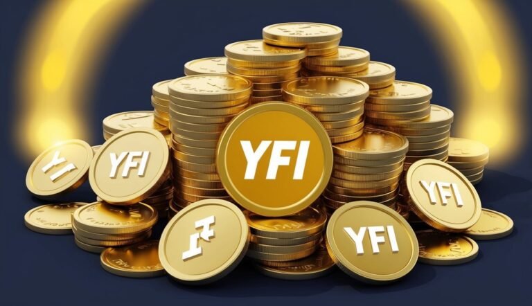 Stacks of gold coins with "YFI" symbol on a dark background