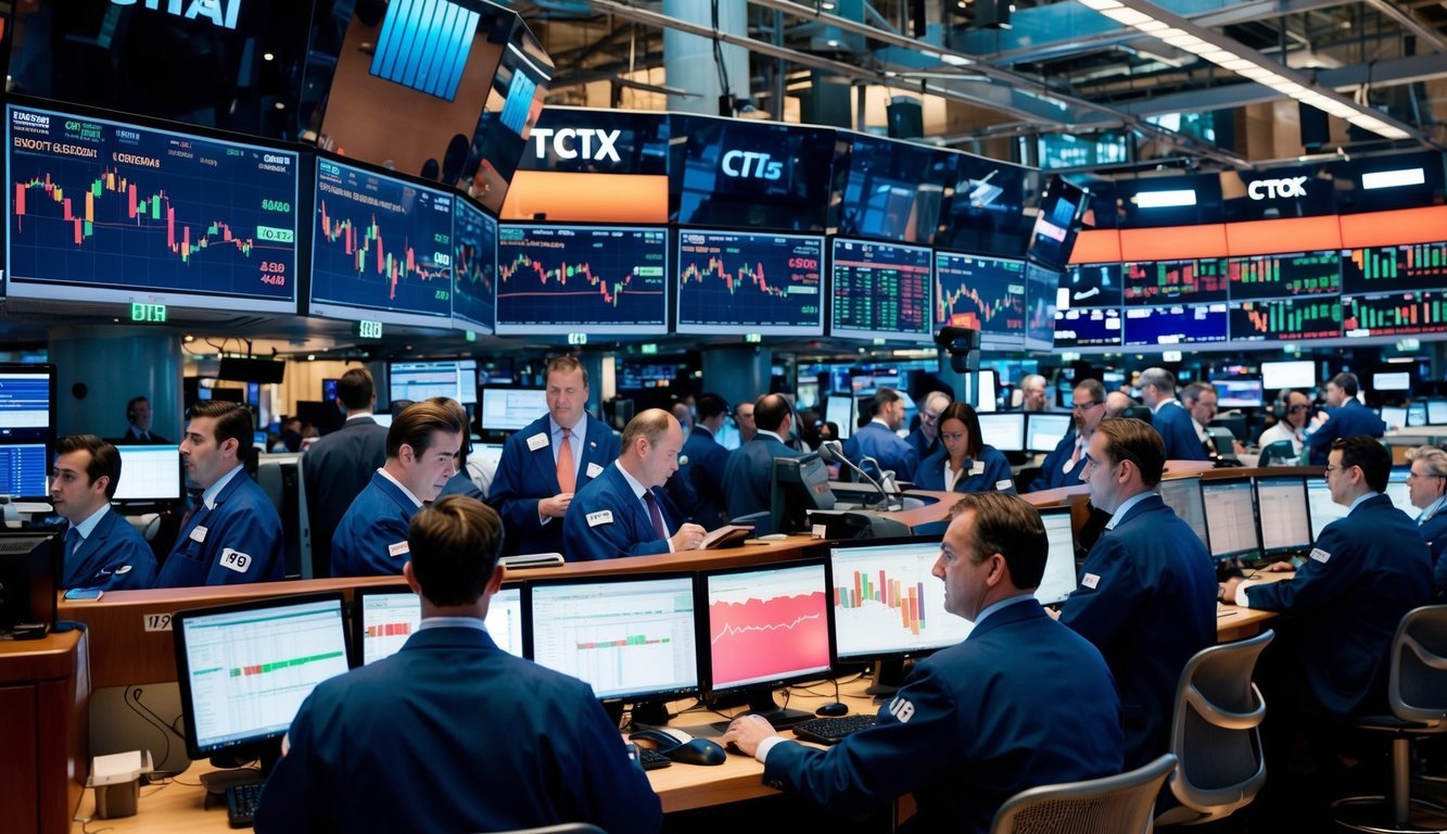 A bustling stock exchange floor with traders, charts, and digital currency symbols displayed on screens