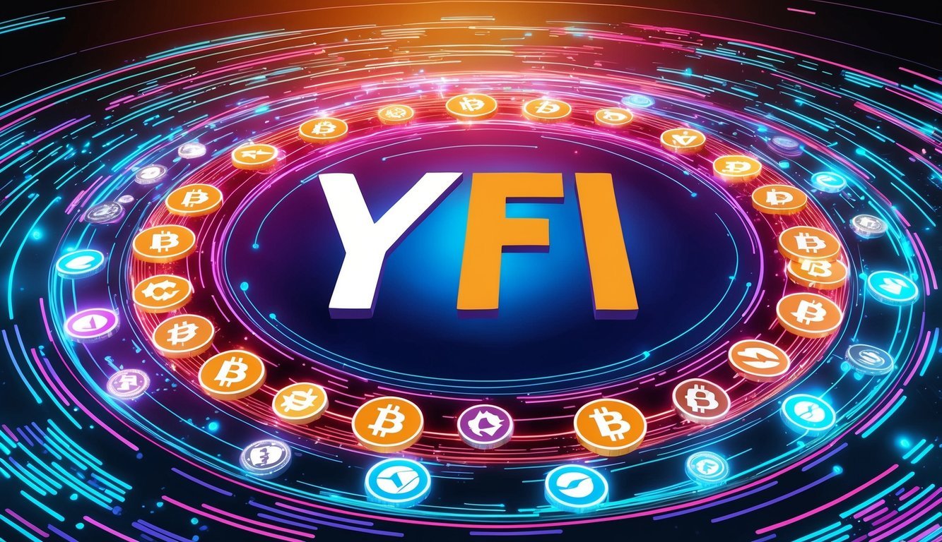 A vibrant digital landscape with various cryptocurrency symbols swirling around a prominent YFI logo at the center