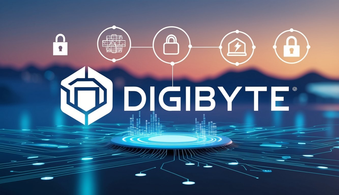 A digital landscape with a prominent DigiByte logo and various symbols representing technology and security