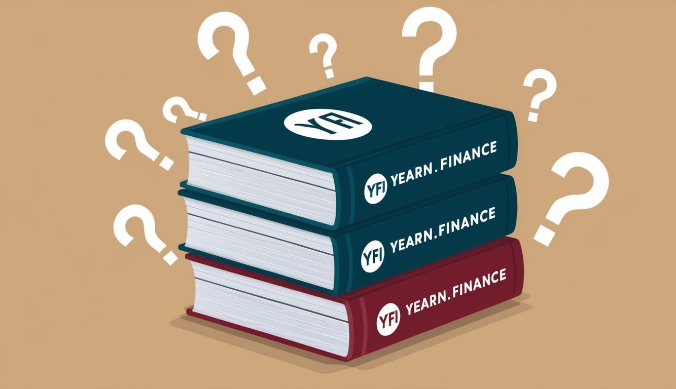 A stack of books with the Yearn.Finance (YFI) logo on the cover, surrounded by question marks