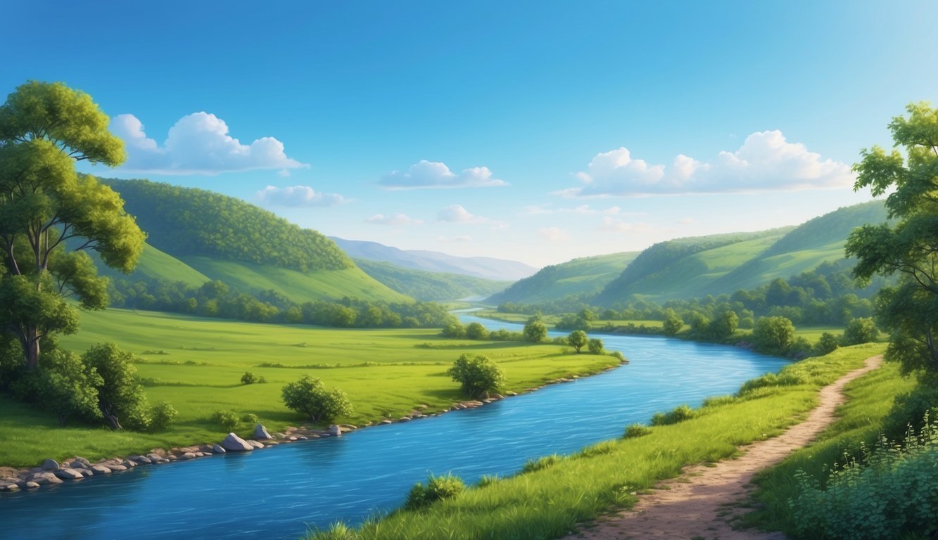 A serene landscape with a peaceful river flowing through a valley, surrounded by lush greenery and a clear blue sky above