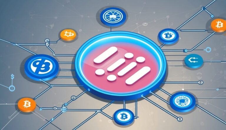 Cryptocurrency network diagram with Bitcoin and other digital currency icons