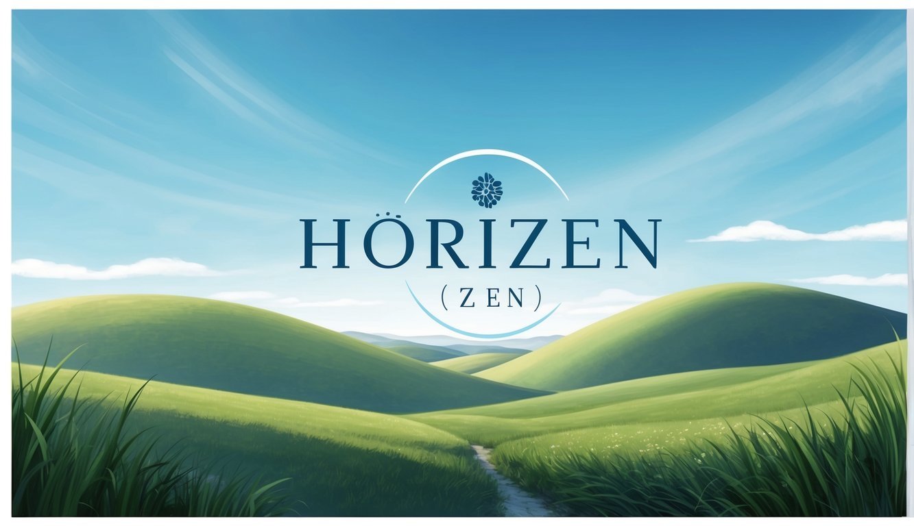 A serene landscape with a clear blue sky, rolling hills, and a prominent Horizen (ZEN) logo in the center