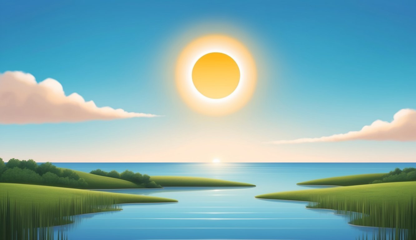 A serene landscape with a clear blue sky and a prominent sun shining down on a tranquil horizon