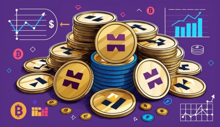 Stacks of gold coins with purple symbols, charts, and cryptocurrency icons