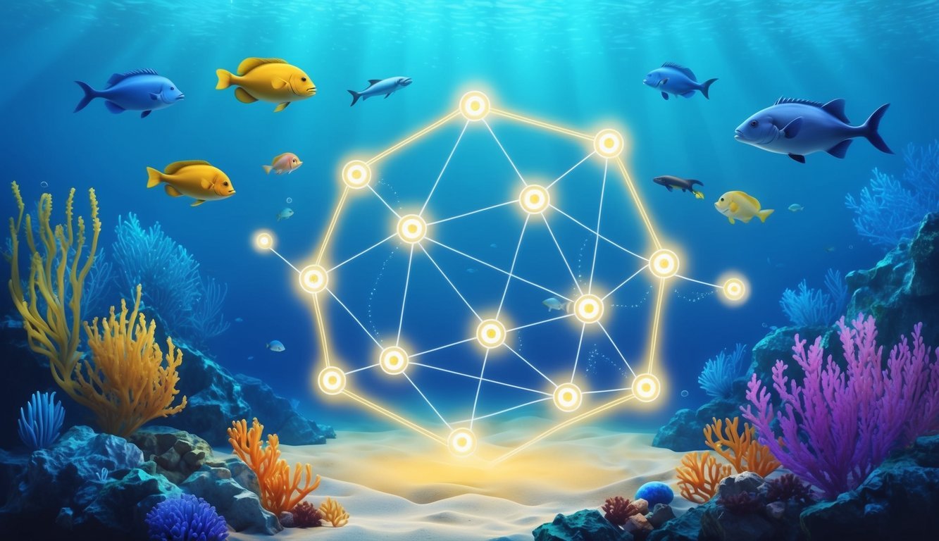 A serene underwater world with colorful marine life swimming around a glowing, interconnected network of data nodes, symbolizing Ocean Protocol's decentralized data exchange