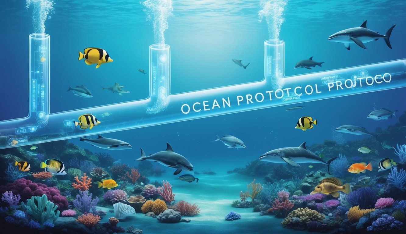 A serene underwater landscape with diverse marine life and data flowing through transparent tubes, symbolizing the key features of Ocean Protocol