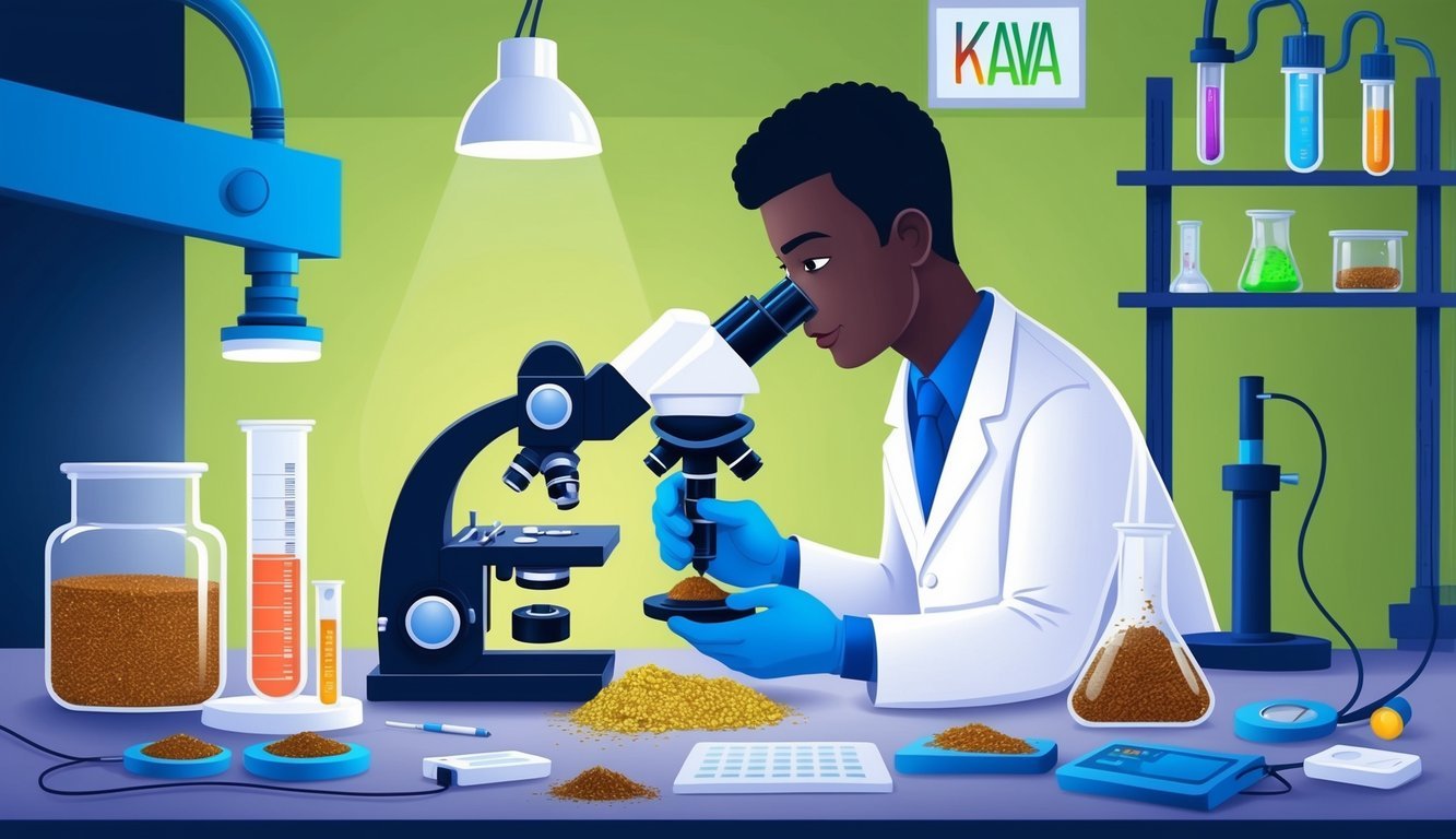 A scientist in a lab, testing Kava samples under a microscope with various quality control equipment