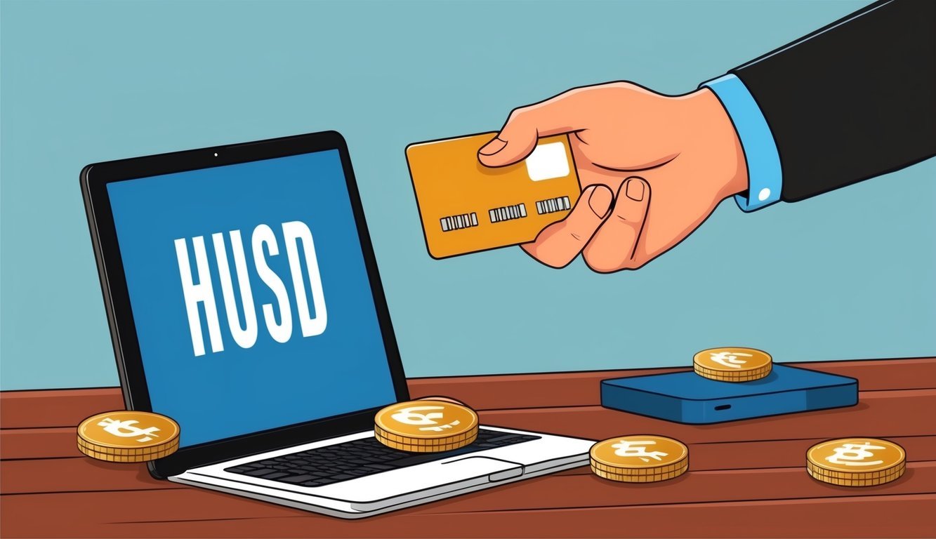 A person swiping a credit card to purchase HUSD tokens, then using them to make online transactions