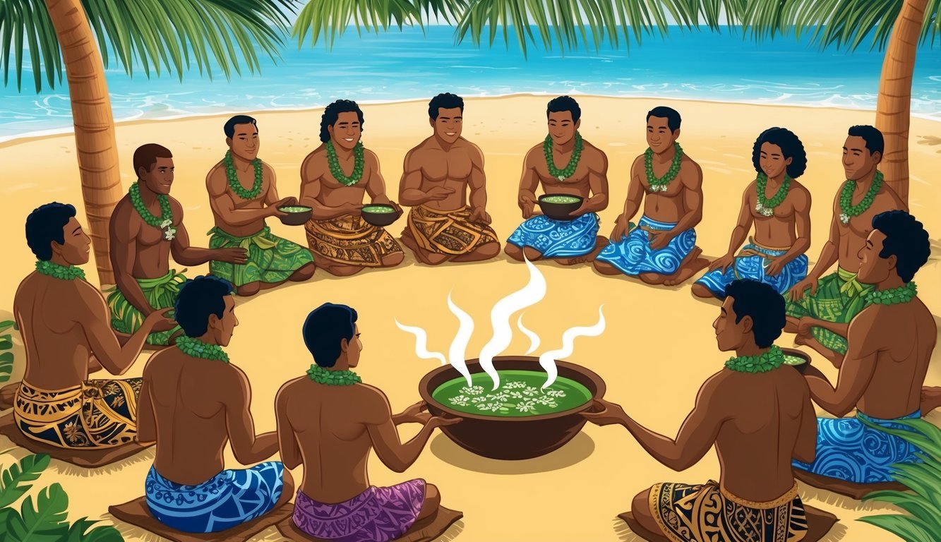 A traditional Fijian kava ceremony with a group of people sitting in a circle, passing around a bowl of kava drink