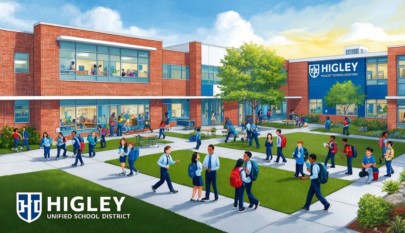 A bustling school campus with students and teachers interacting in various classrooms and outdoor spaces.</p><p>The Higley Unified School District logo prominently displayed on buildings and signage