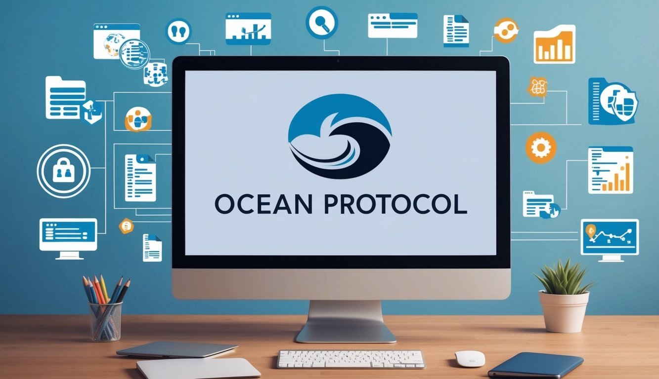 A computer screen with Ocean Protocol logo surrounded by various data and information icons