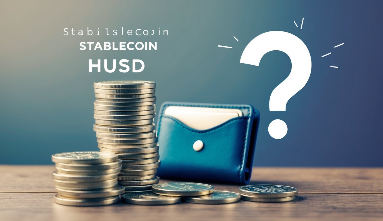 A stack of coins and a digital wallet symbolize the stablecoin HUSD, with a question mark hovering above, indicating curiosity and inquiry