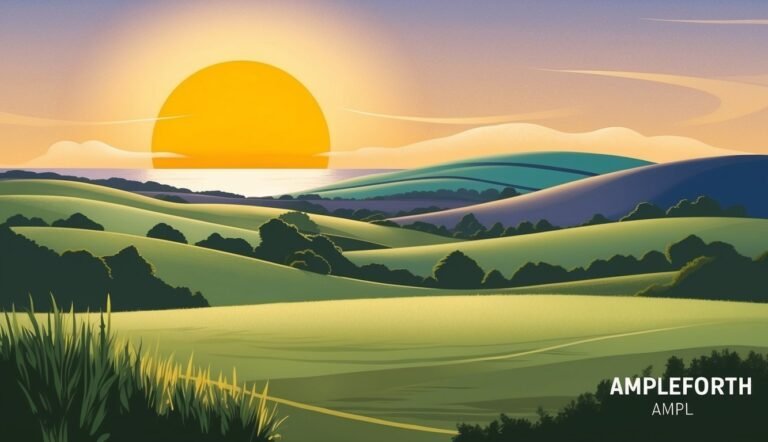 Stylized landscape with rolling green hills, a setting sun, and water