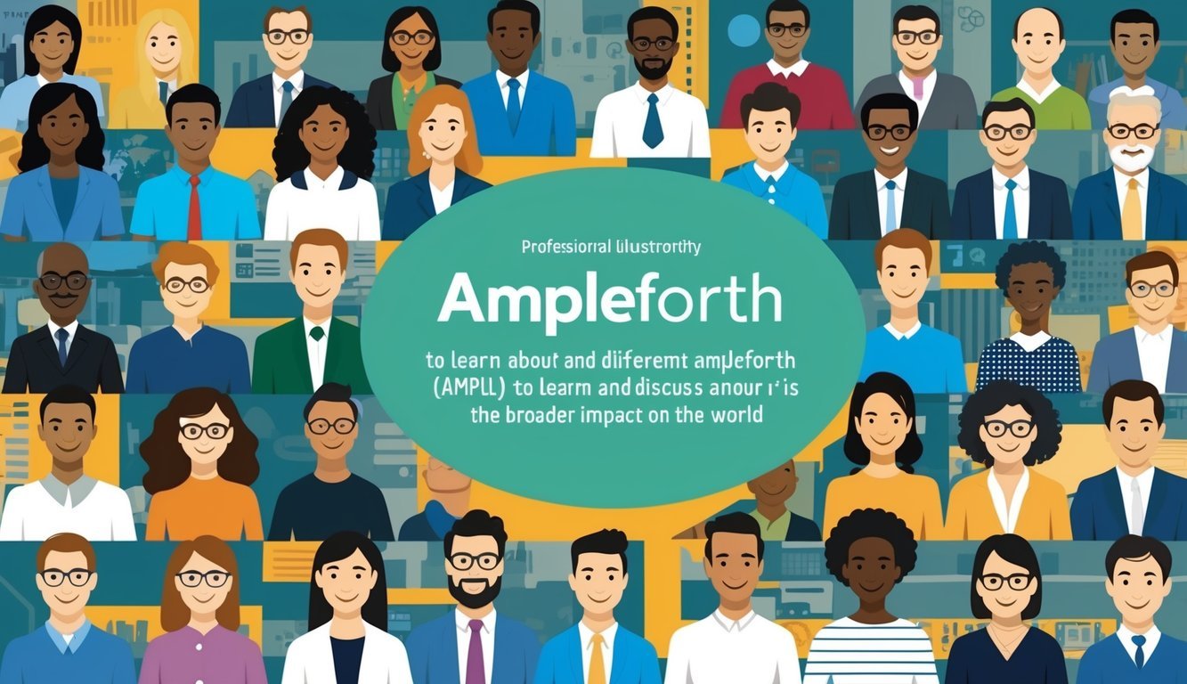 A diverse group of people from different backgrounds and cultures coming together to learn about and discuss Ampleforth (AMPL) and its broader impact on the world