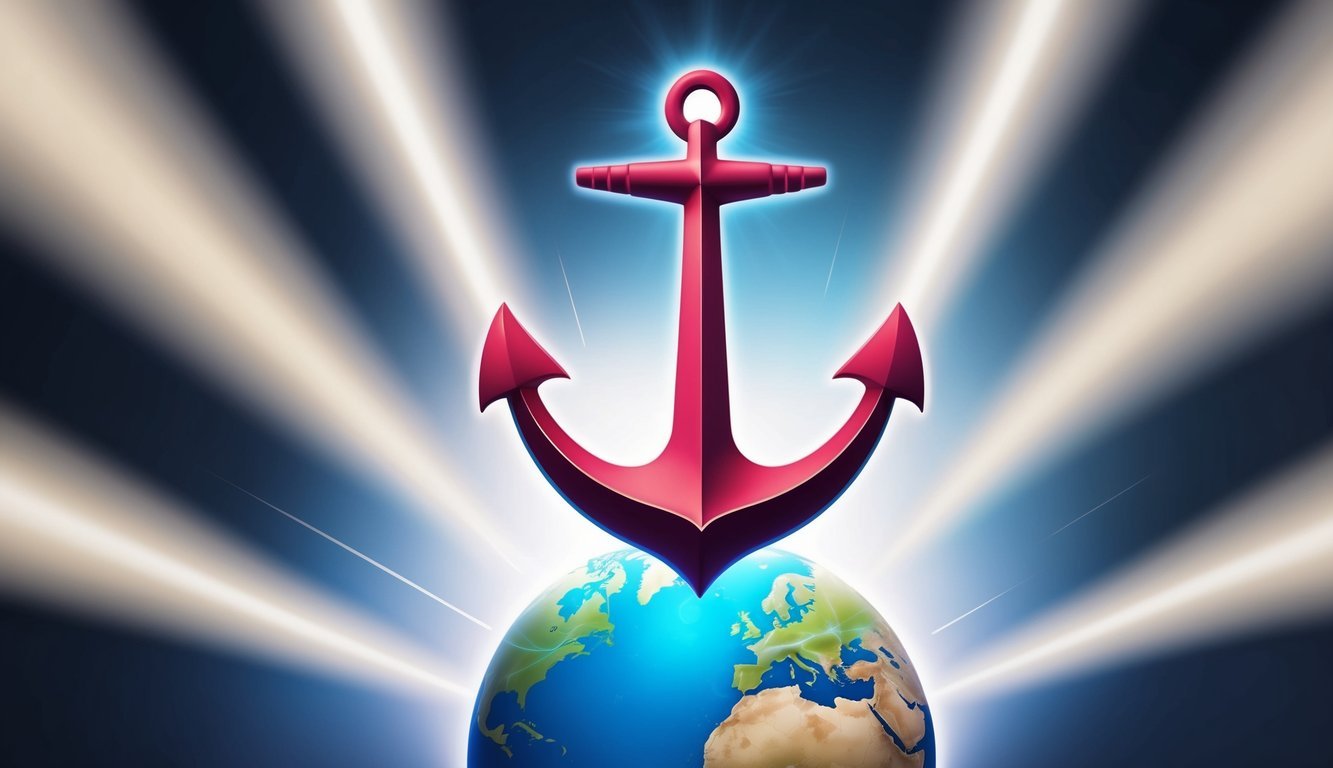 A futuristic anchor symbol hovering above a globe, with beams of light emanating from it