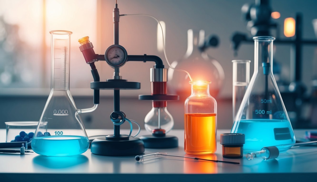 A laboratory table with various scientific equipment and a vial of glowing liquid