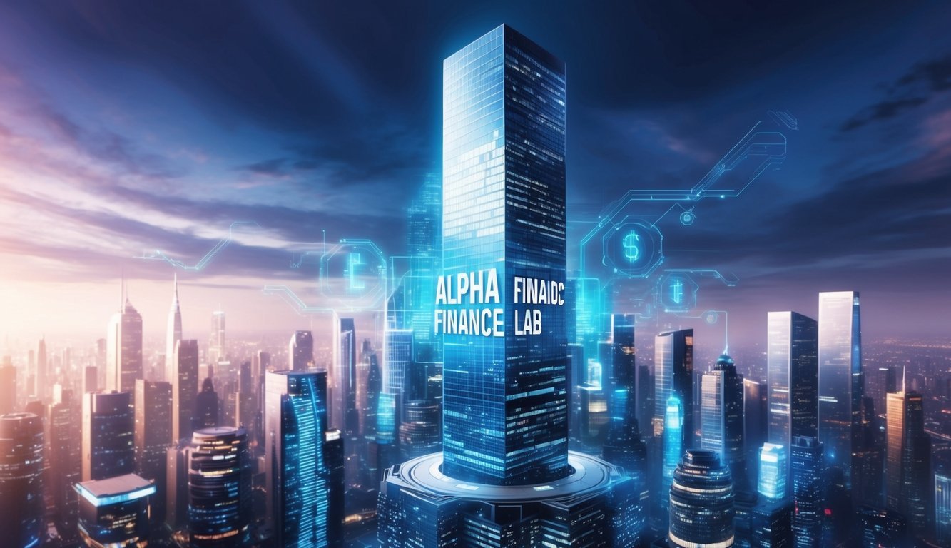 A futuristic cityscape with ALPHA Finance Lab's logo projected onto a towering skyscraper, surrounded by bustling financial activity