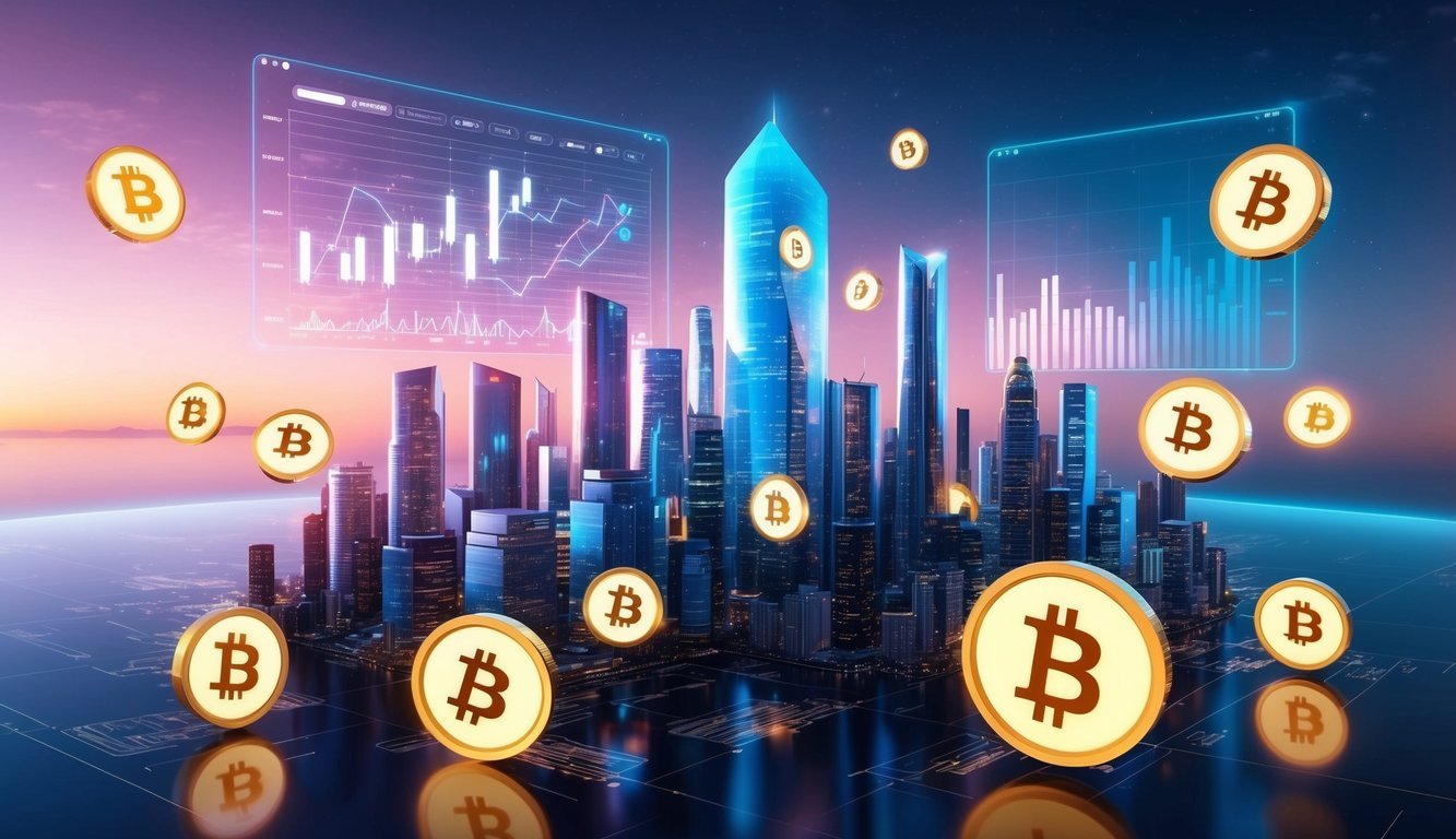 A futuristic city skyline with digital charts and graphs floating in the air, surrounded by glowing cryptocurrency symbols