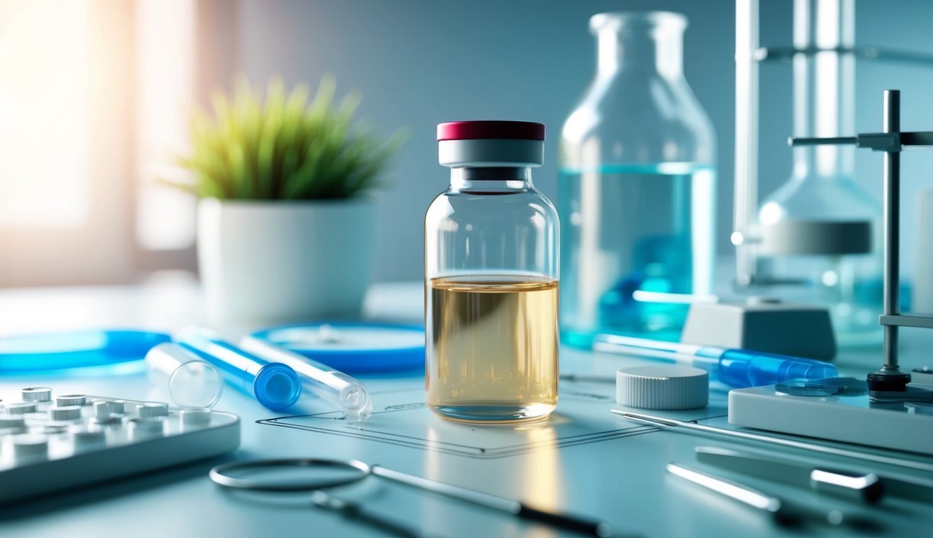 A clear vial of serum sits on a laboratory table, surrounded by scientific equipment and tools.</p><p>The liquid inside is transparent and slightly iridescent