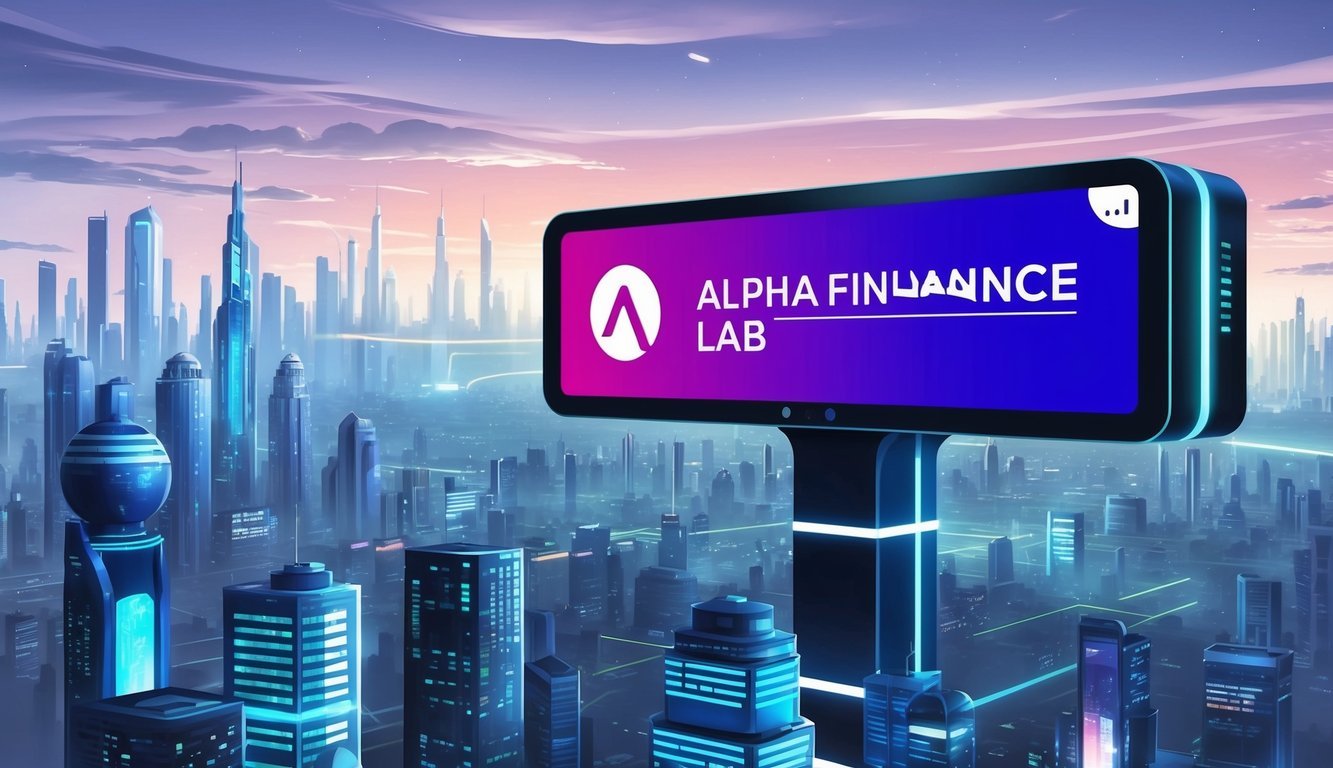 A futuristic cityscape with a prominent Alpha Finance Lab logo displayed on a digital billboard