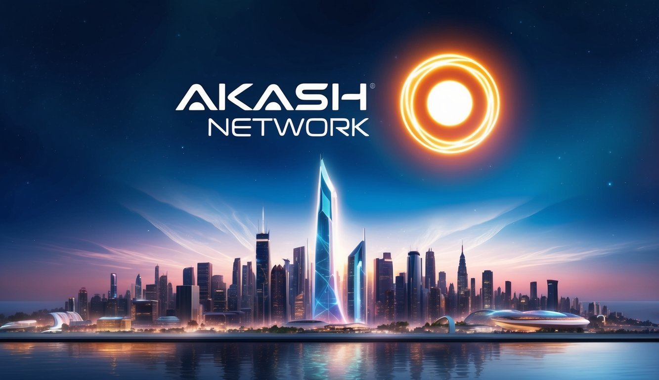 A futuristic city skyline with a glowing Akash Network logo hovering above the buildings