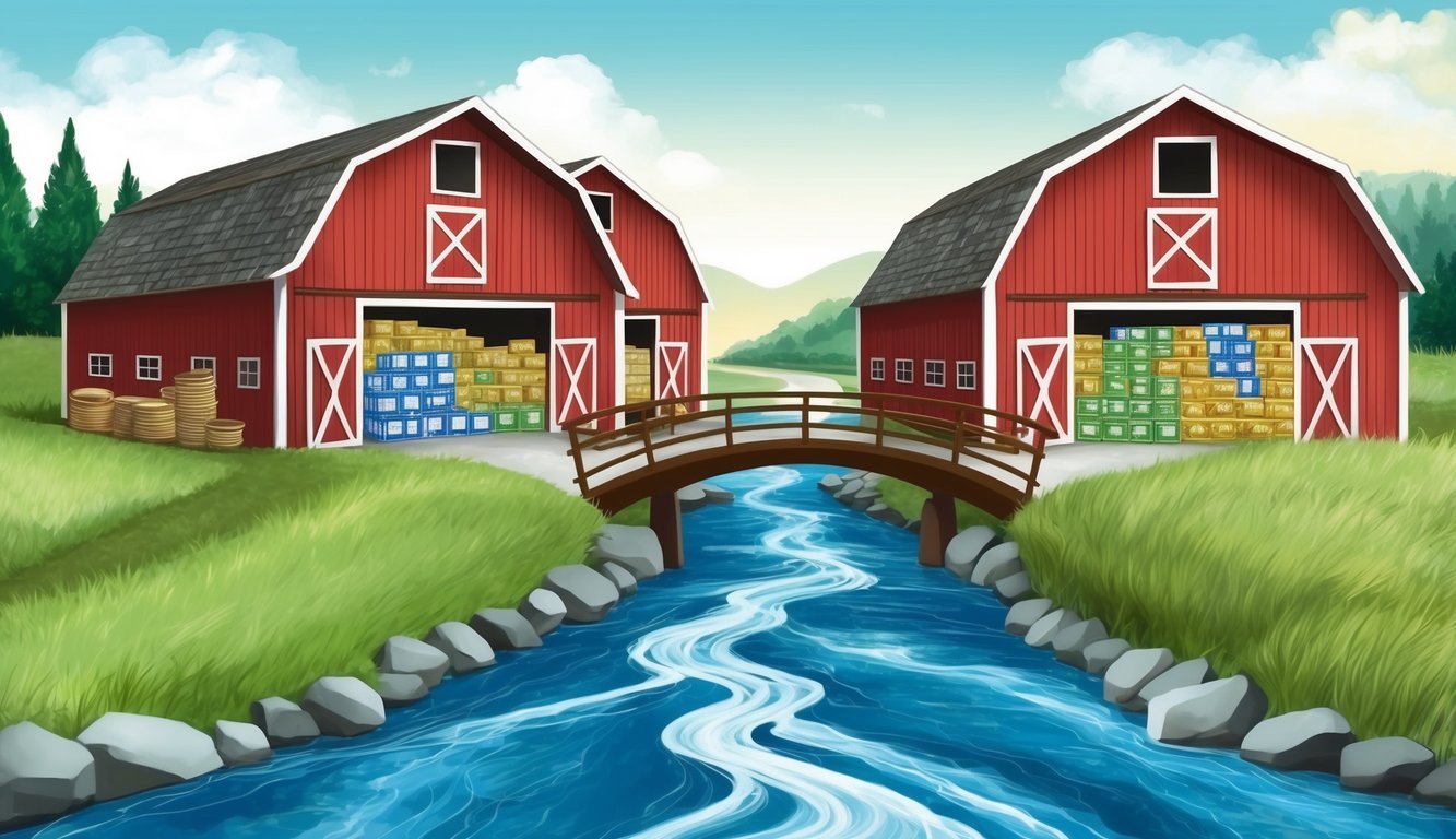 A group of barns connected by a bridge over a flowing river.</p><p>The barns are filled with various financial assets and investment opportunities