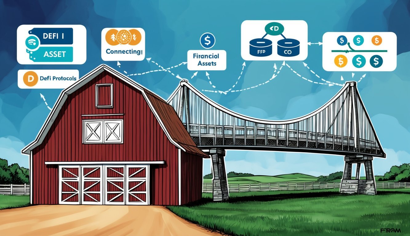 A barn with a bridge emerging from it, connecting to various financial assets and DeFi protocols