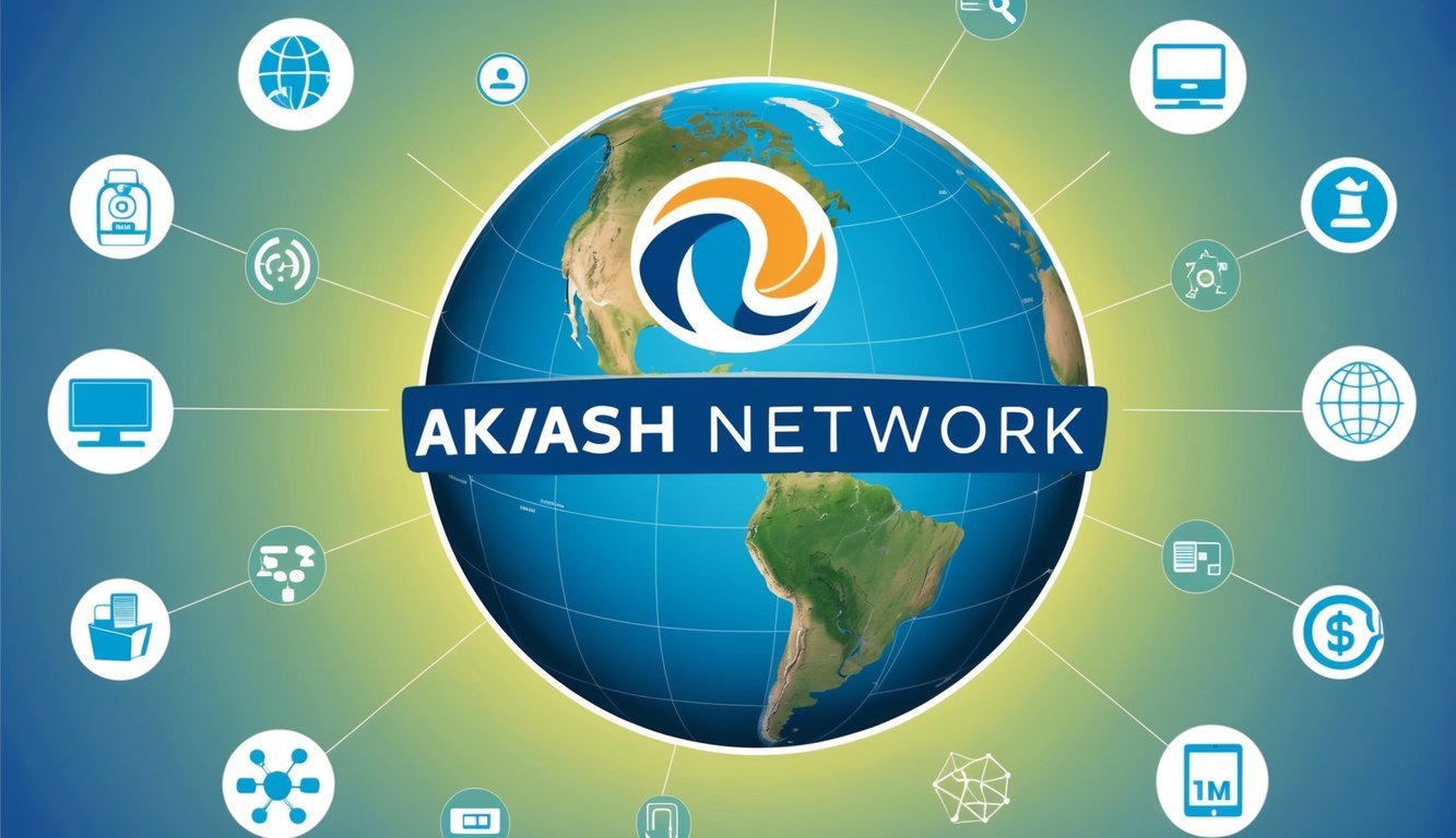 A globe with the Akash Network logo hovering above it, surrounded by various technological icons and symbols