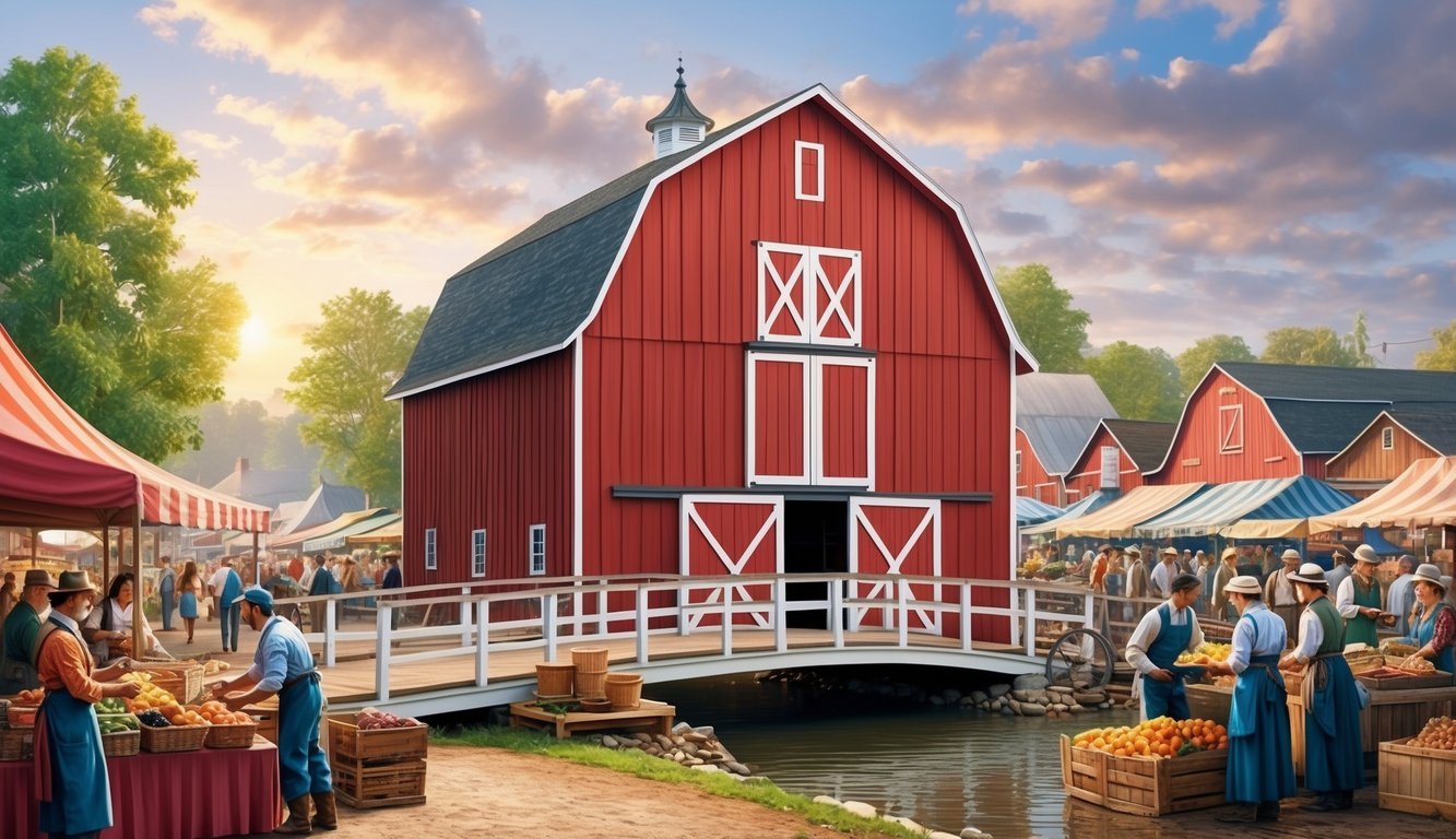 A barn with a bridge connecting two sides, surrounded by a bustling market with people trading goods