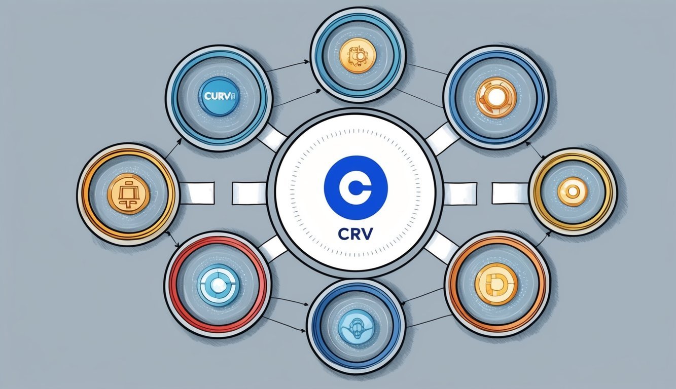 A group of interconnected circles representing the Curve ecosystem and partnerships, with the Curve DAO Token (CRV) at the center