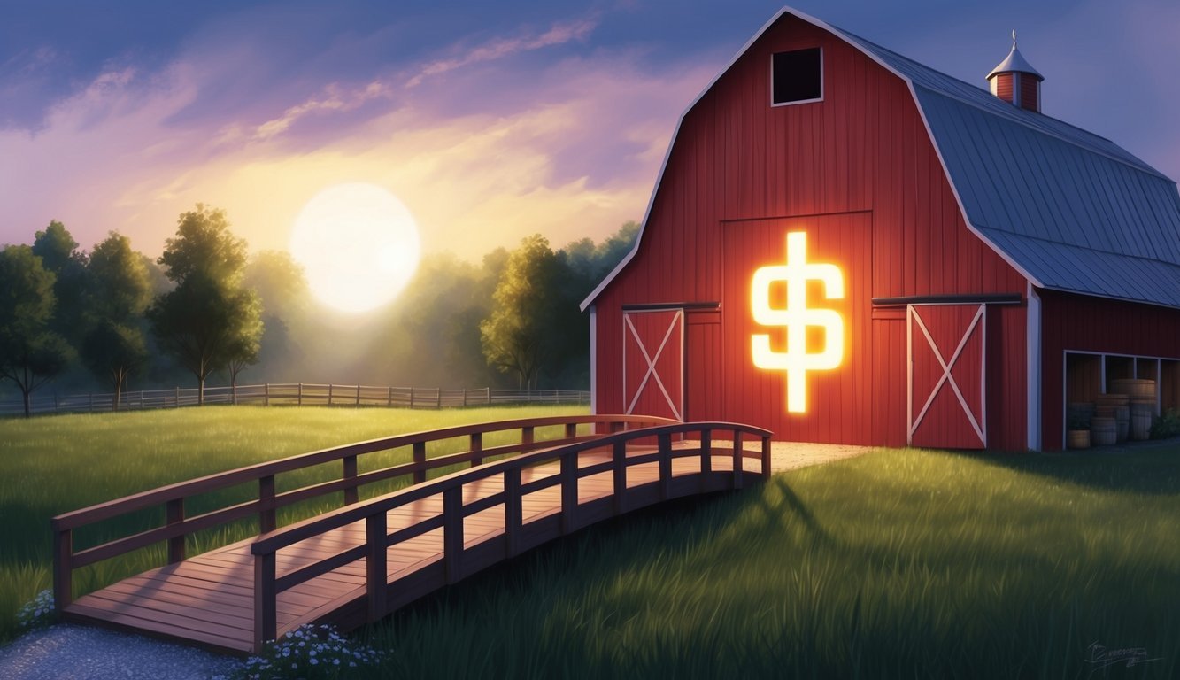 A barn with a bridge leading to a glowing symbol