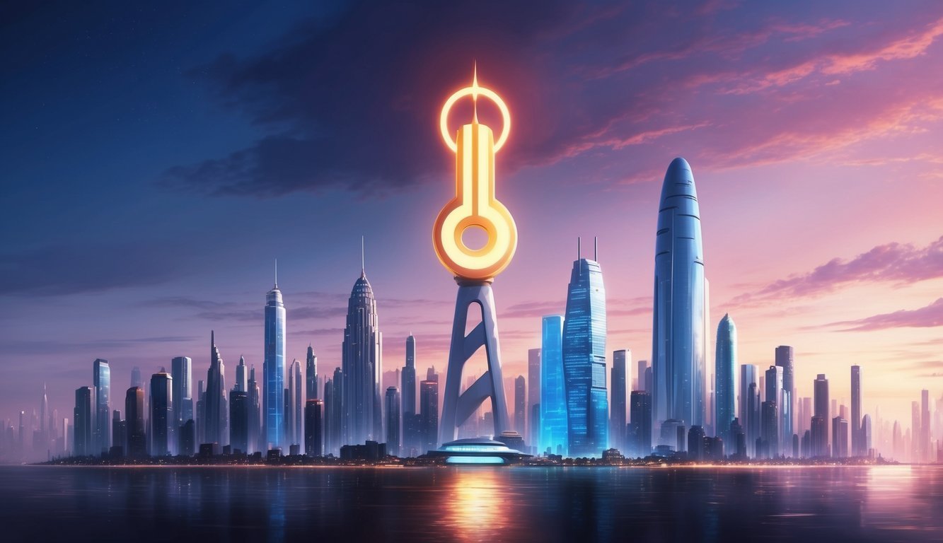 A futuristic city skyline with a prominent, glowing "BEL" symbol towering over the buildings